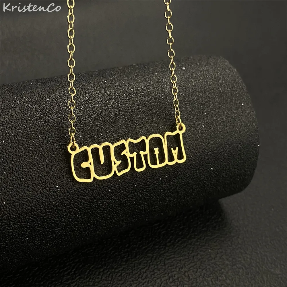 

Custom Nameplate Necklace Personalized Letter Hollow Font Stainless Steel Gold Chain Name Pendant Necklace For Women Gift