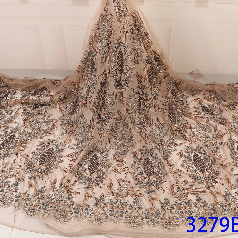 US $131.72 French Lace Fabric Handwork Beads Embroidery Net Fabric African Tulle Lace  Lace Tissue Wedding Dress