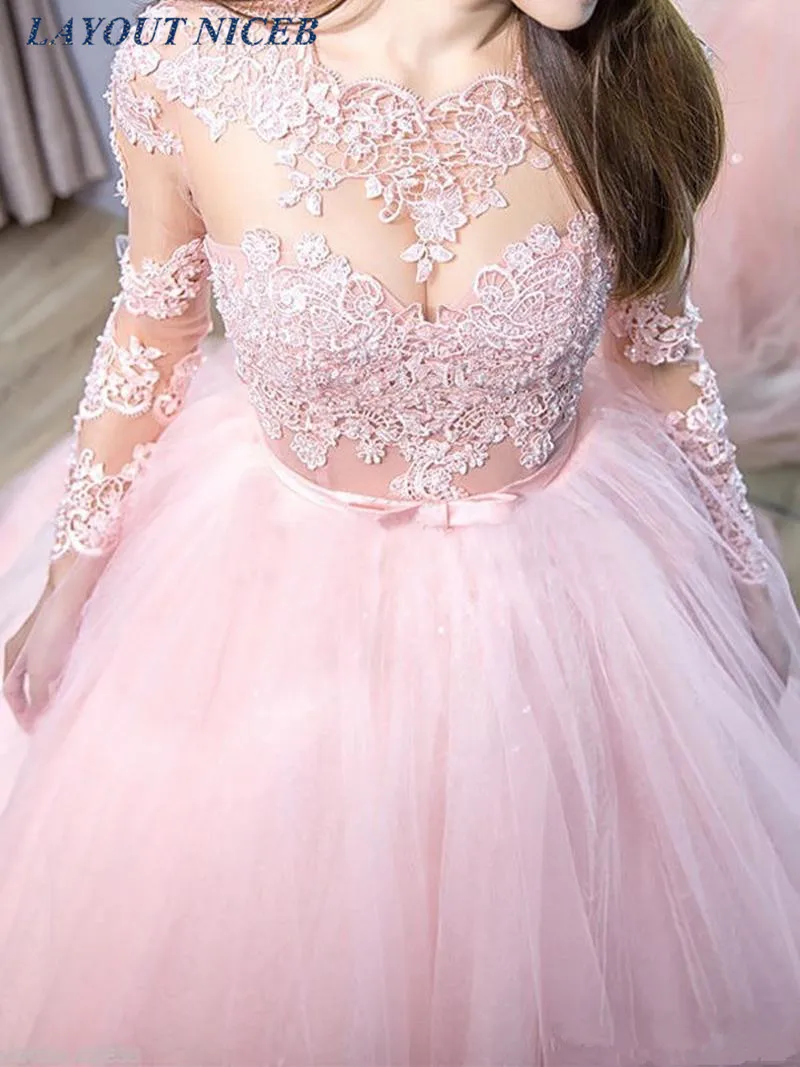 Шикарное Розовое Бальное Платье с длинным рукавом vestidos de 15 anos, кружевное платье с аппликацией, 16 платьев robe de bal