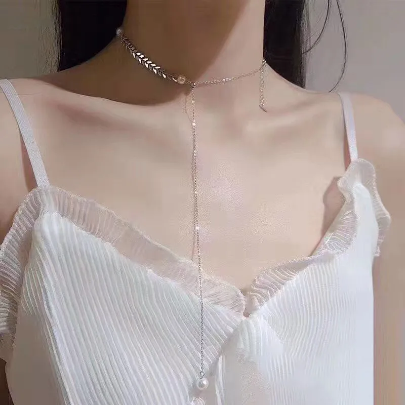 ANENJERY Dainty Adjustable 925 Sterling Silver Long Tassel Wheat Necklace For Women Simulated Pearl choker collares S-N471