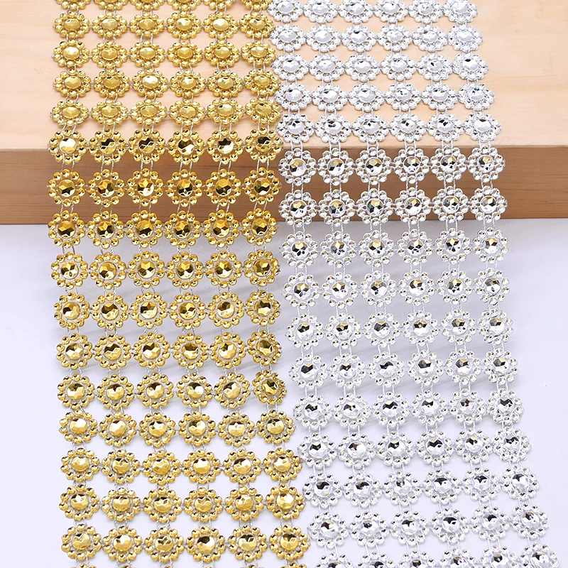 

1 Yard 6 Rows Gold Silver Flower Rhinestone Ribbon Tape Sparkle Diamond Mesh Wrap Crystal Rhinestone DIY Wedding Party Decor