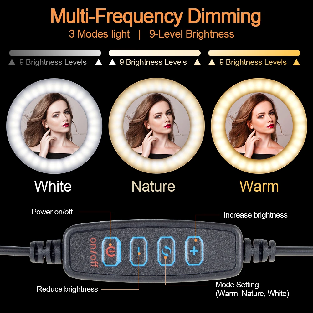 Светодиодный кольцевой светильник для селфи для фотосъемки с регулируемой яркостью 26 см, кольцевой светильник для камеры, телефона, 10 дюймов, настольные штативы для макияжа, видео в живую студию