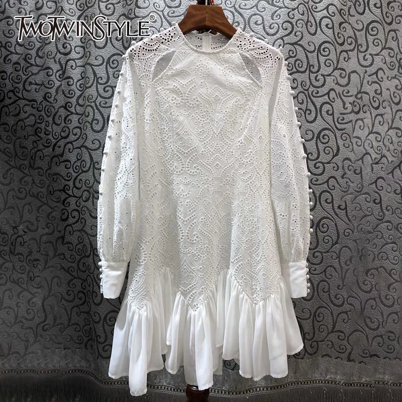 TWOTWINSTYLE Hollow Out Ruffles Dress Women O Neck Lantern Long Sleeve High Waist Asymmetrical Hem Dresses Female Fashion Tide TWOTWINSTYLE Hollow Out Ruffles Dress Women O Neck Lantern Long Sleeve High Waist Asymmetrical Hem Dresses Female Fashion Tide