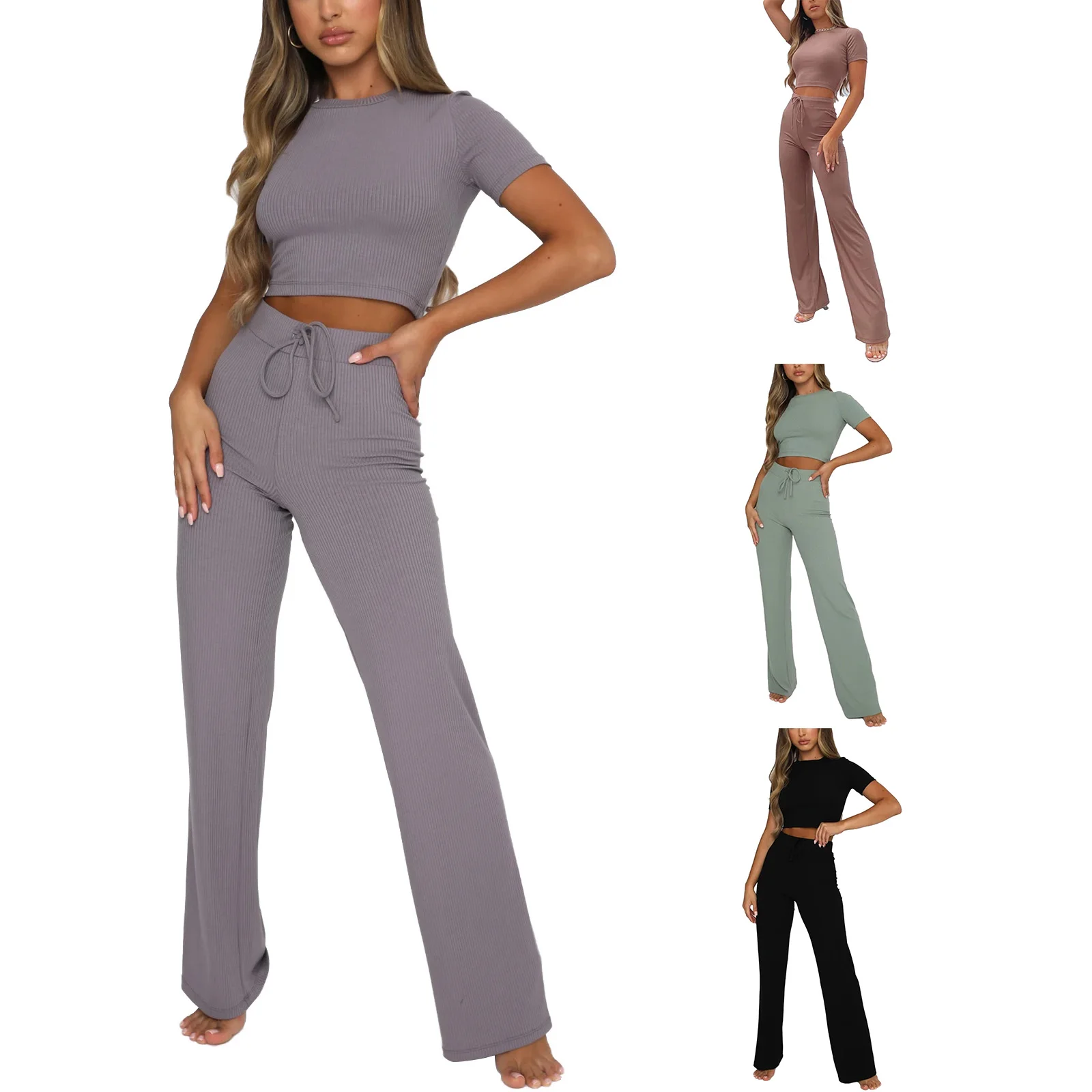 

Women's casual straight pants spring and autumn new style versatile solid colo high waist straight tube thin knitted drawstring