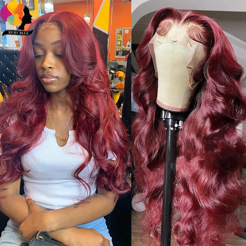 Frente do Laço Peruca de Cabelo Onda do Corpo Remyblue Borgonha Humano Peruca Pré Arrancado Laço Vermelho Frente Cabelo Remy Brasileiro 180% 99j 7 High Quality Apliques e perucas