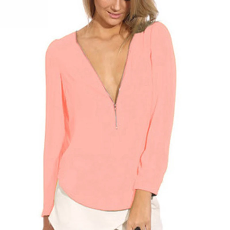 

Women Chiffon Blouse 2019 Summer Spring Elegant V Neck Zipper Blouse Shirts Loose Casual Tops Blusas Long Sleeve Plus Size