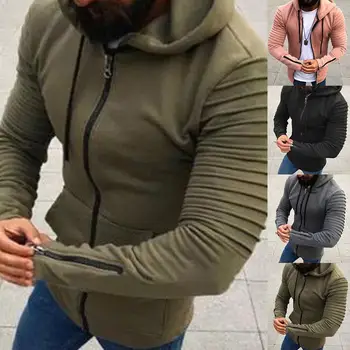 

Men Casual Long Sleeve Warm Zip Hoodie Coat Pleated Drawstring Sports Sweatshirt Fashion Hooded Male Outwear S-lim Fit Hoody