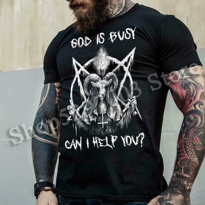 Мужская Повседневная футболка черная с надписью Satan God Is Busy Can I Help You размеры M-3XL |