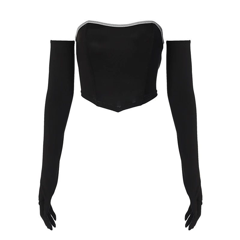 Hugcitar Diamond Patchwork Women Long Gloves Sleeve Off Shoulder Crop Tube Top Bodycon Sexy Party Elegant Evening 2021 Christmas t shirt palm angels