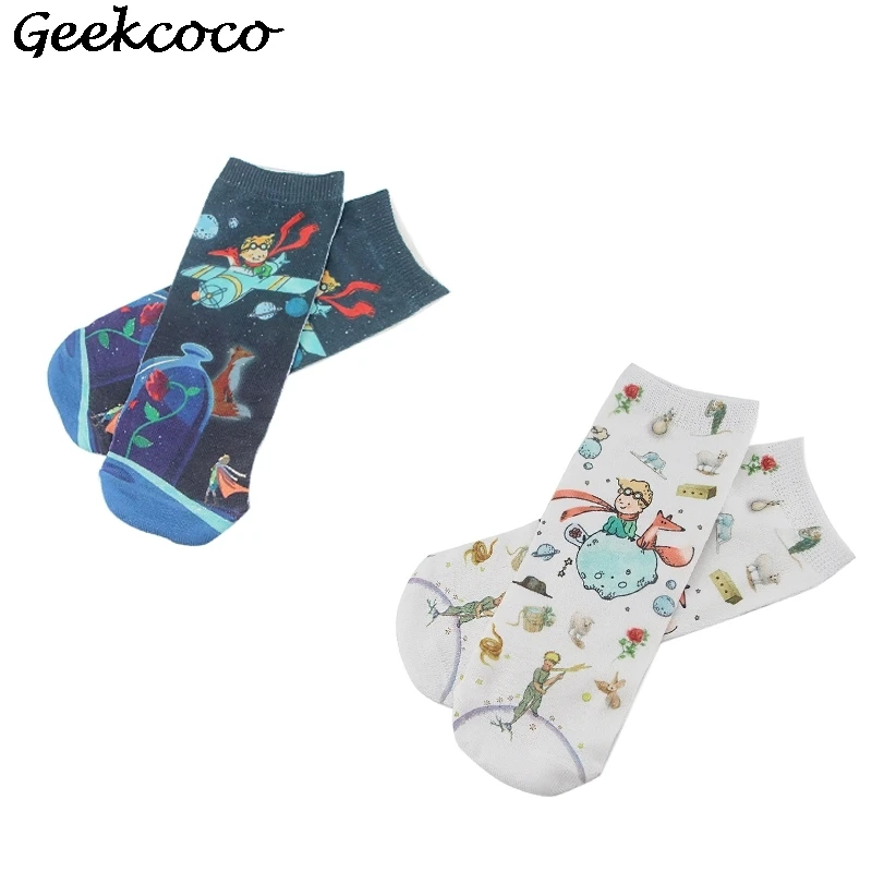 

J1683 Classical Cartoon Little Prince Cotton Short Socks Cute Skatebord Socks Fashion One Side Print Socks For Unisex