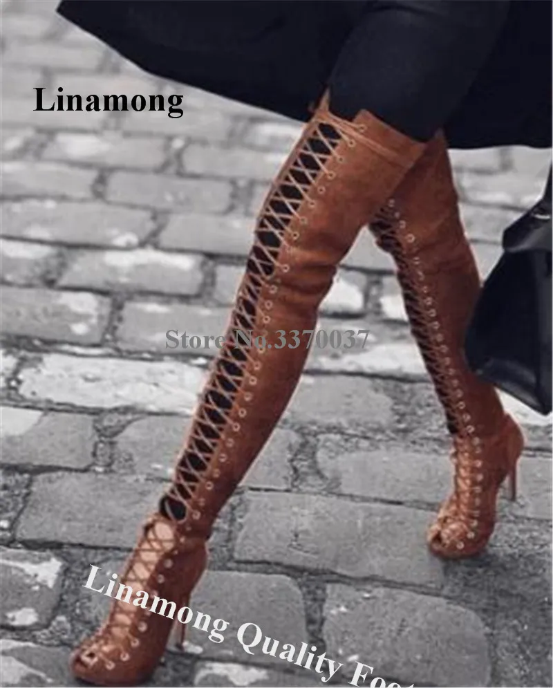 Linamong Western Stylish Peep Toe Over Knee Stiletto Heel