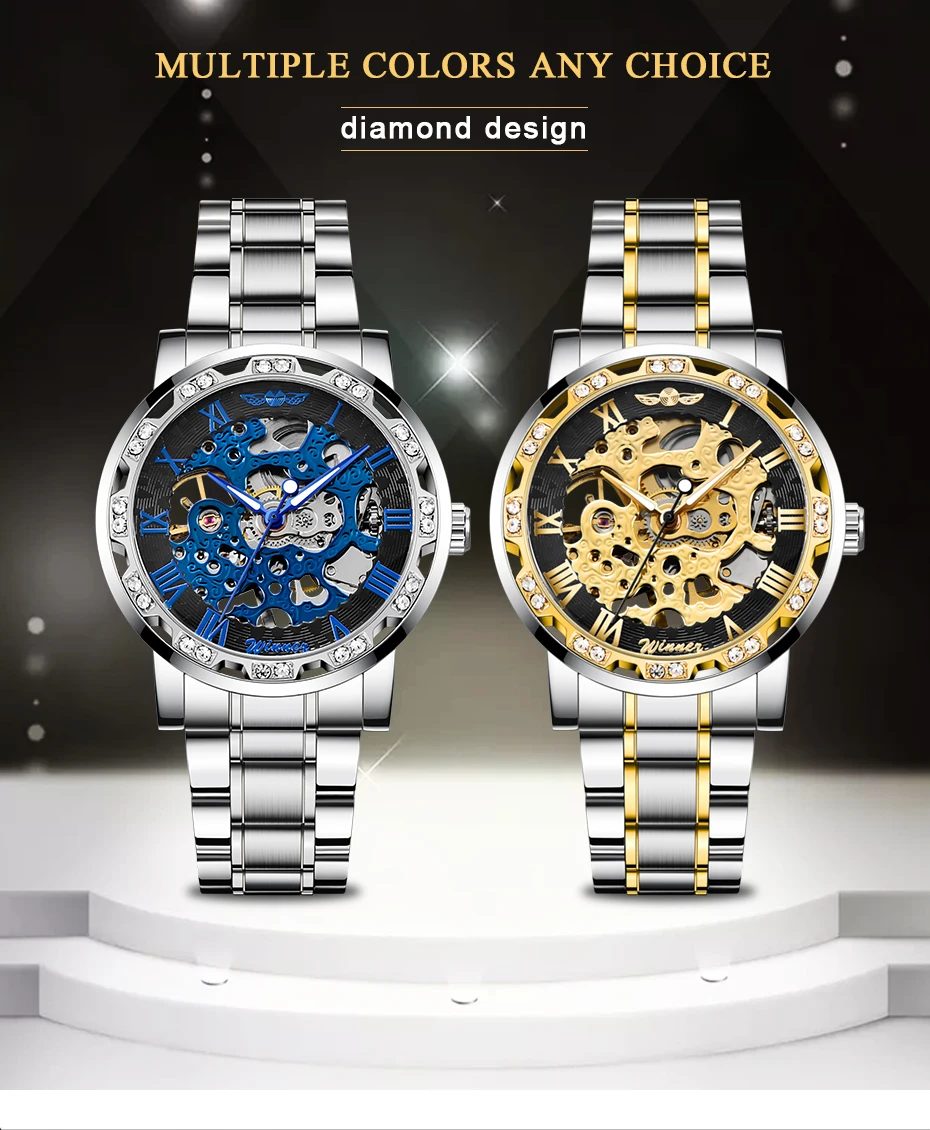 Победитель, прозрачный модный бриллиантовый дисплей, светящиеся стрелки, механизм движения, Мужские t Ретро Королевский дизайн, мужские механические скелетные наручные часы