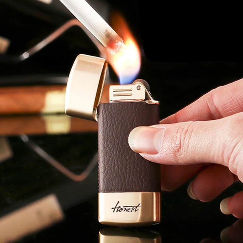 Inflatable grinding wheel open flame lighter ultra-thin metal windproof retro leather exquisite creative gift male | Дом и сад
