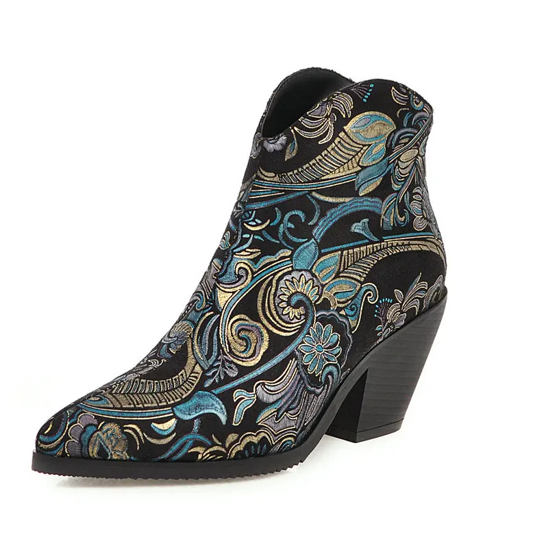 

2019 Plant painting Ankle Boots For Women Wedges High Heel Female Boots Autumn Winter Pointed Toe Zipper Western Boots Shoes