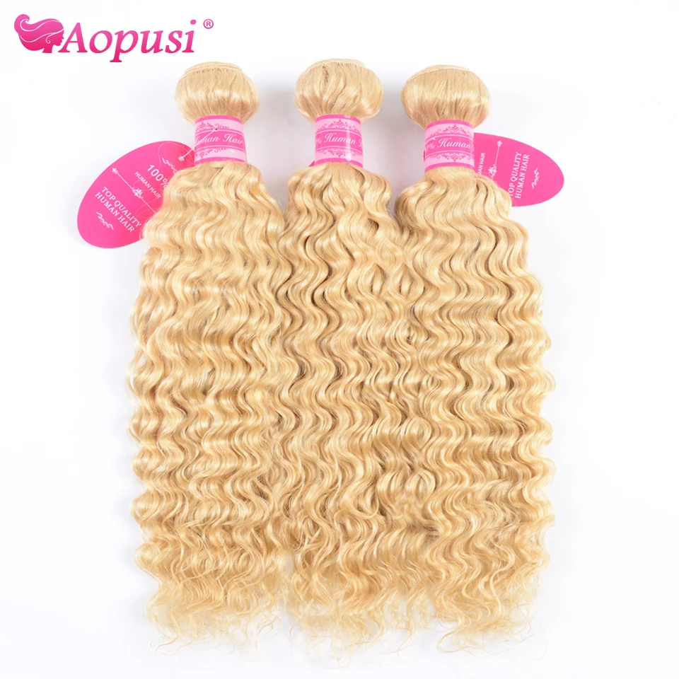 Aopusi 613 Deep Wave Bundles Brazilian Human Hair Blonde Curly Extensions 1/3/4 Pcs Natural Weaves Remy | Шиньоны и парики