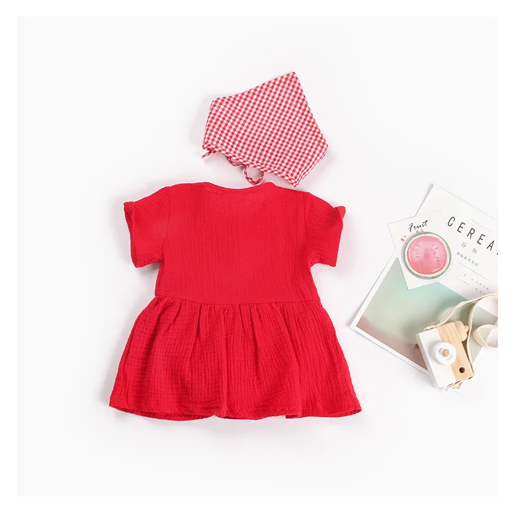 

2019 Summer Korean-style Baby Girls Cherry Little Apron Dress Romper + Bibs Bright Red Cotton Set