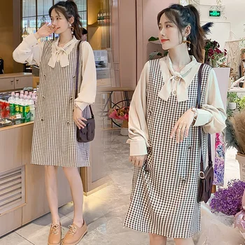 

8108# 2020 Autumn Korean Fashion Maternity Dress Elegant Sweet Plaid Vest + Blouses Sets Clothes for Pregnant Women Pregnancy