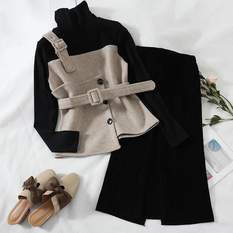 Two Pieces Sashes Turtle Neck Knitted Top +Skirt Elatic Waist Split 2020 Spring Autumn Casual Fashion Women Suit | Женская одежда