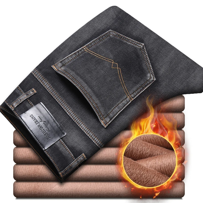 Gray Jeans Denim Pants Trousers Regular Elasticity Thick Male Mens Casual New Warm Fit
