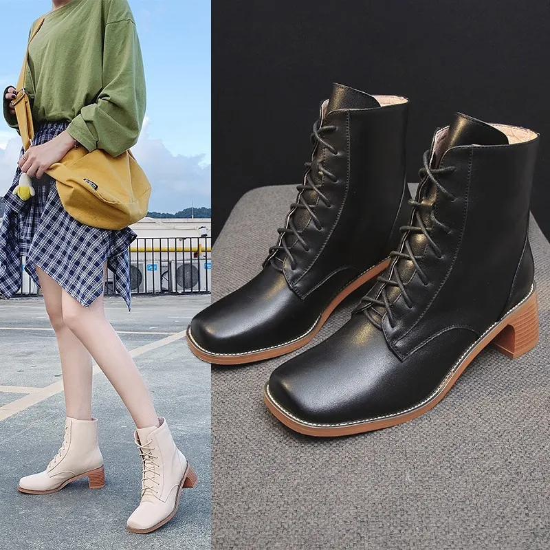 

Martin Boots Women's Boots British Style Autumn And Winter Retro Square Head Thin Boots Thick with High Heels Slimming Lace-up W