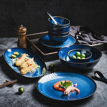 

KINGLANG Japanese Blue kiln glazed ceramic tableware set rice bowl plate spoon Udon Ramen soup bowl dish