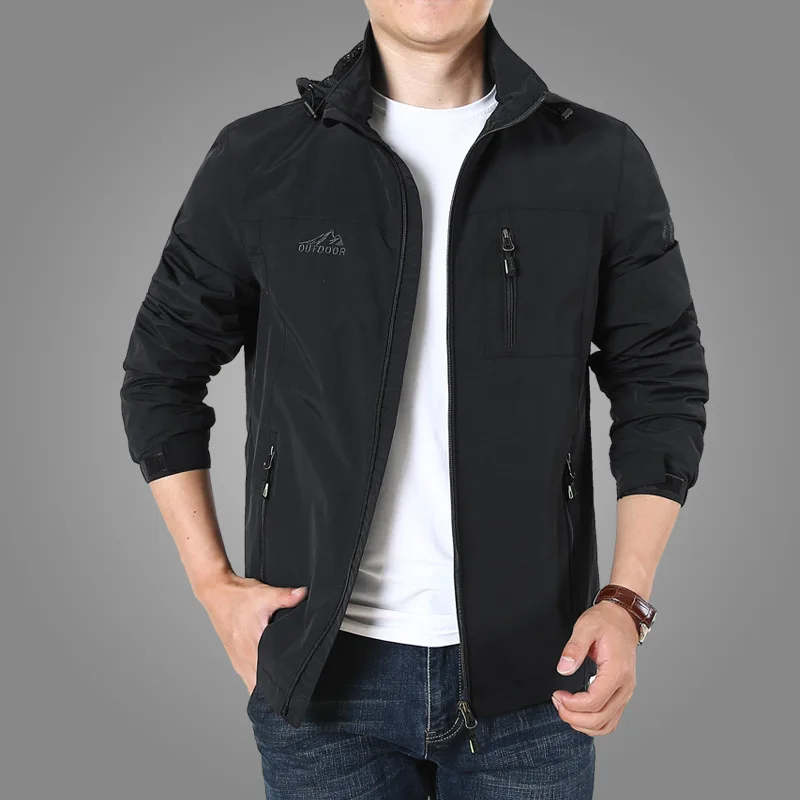 Мужские куртки весна осень новая мужская куртка повседневные Путешествия тонкая ветровка пальто куртка с капюшоном верхняя одежда мужская 6XL 7XL - Цвет: Black