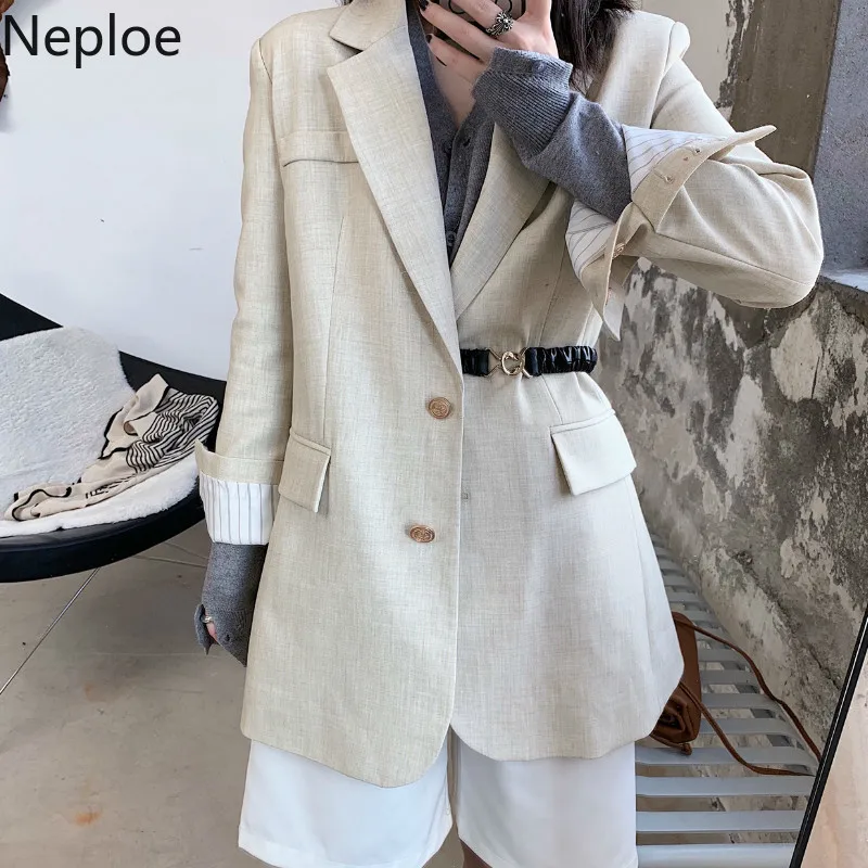 Neploe приталенный Блейзер средней длины с поясом, однотонный однобортный пиджак с карманами и длинным рукавом, офисный стиль, заплатка, Casaco 47610