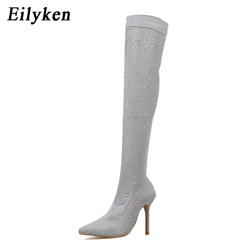 Gray 12CM Женские блестящие туфли-чулки Eilyken, высокие ботфорты на тонком каблуке со стразами, эластичные сапоги за колено с удлиненным носкам, обувь на высоком каблуке до бедра, туфли-чулки со стразами - Цвет: Gray 12CM