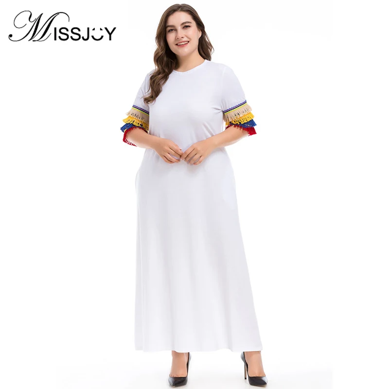 

Large Size White dresses for women Summer O-neck Tassel Patchwork elegant Lady Casual Party Maxi dress with pockets