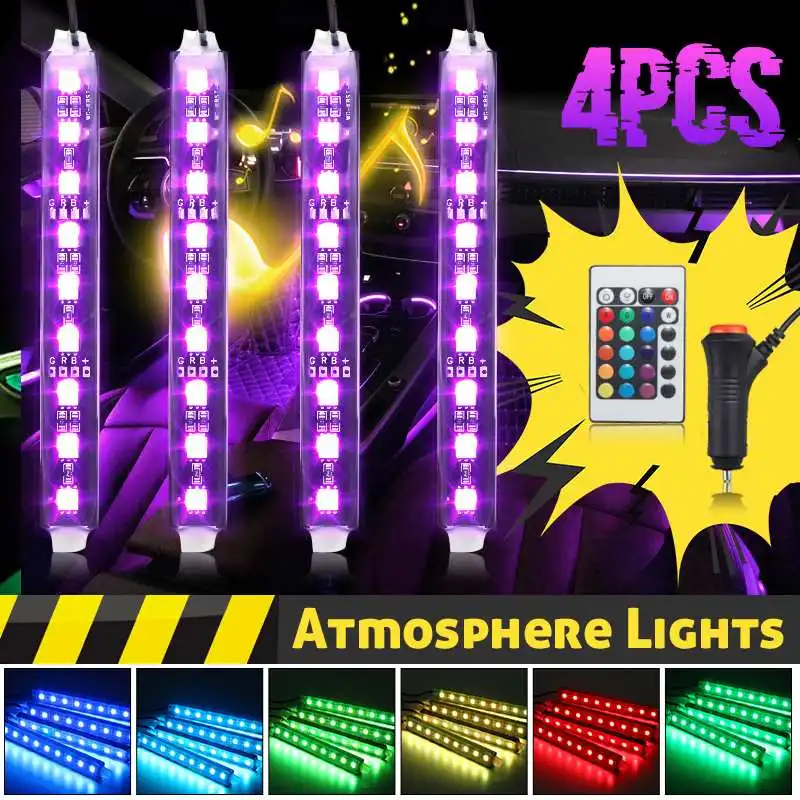 4PCS 10W 5050 Car Auto LED RGB Interior Floor Decorative Light DC12V Atmosphere Strip Pathway Deco Floor Light Remote Control