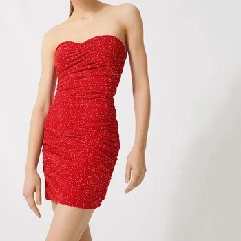 

2020 Spring Summer WomenStrapless Red Color Dress Polka Dot Print Pleated Sexy Off-shoulder Short Dress For Party
