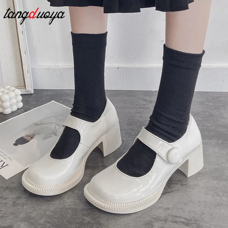 low heel shoes white High Heels Shoes Women Pumps Fashion Patent Leather Platform Woman Round Toe Mary Jane Mujer | Обувь