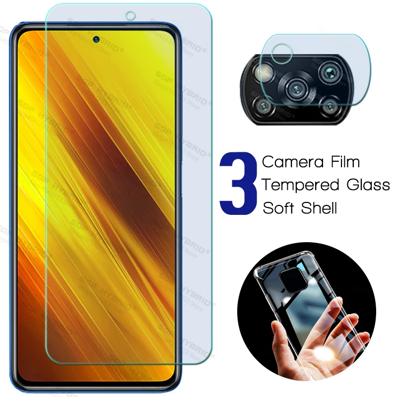 Прозрачный силиконовый чехол 3 в 1 из ТПУ Для Xiaomi Poco X3 NFC закаленное стекло pocophone x3