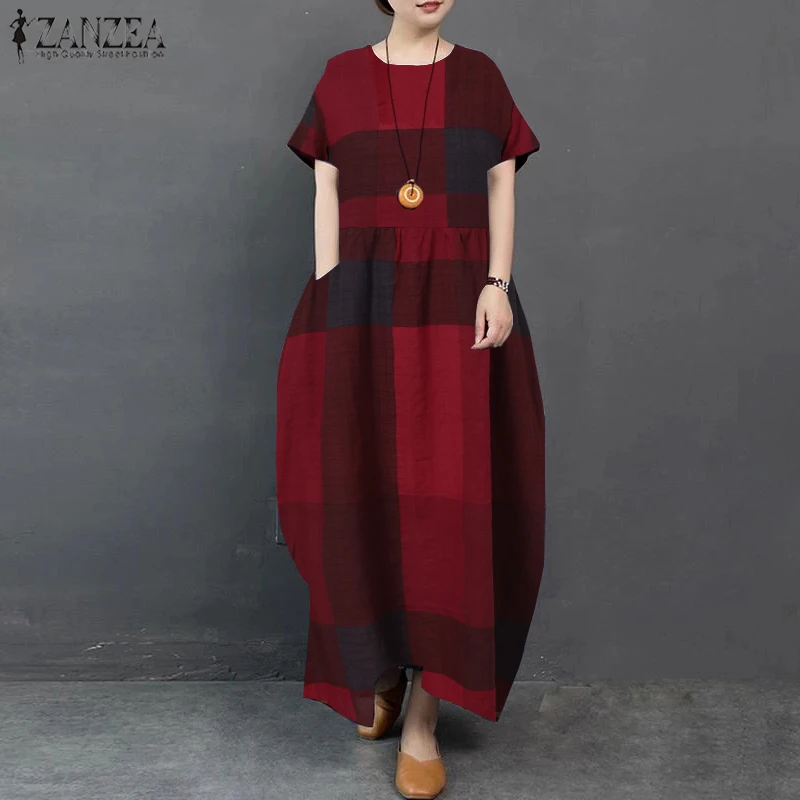 2020 ZANZEA Women Maxi Long Dress Summer Short Sleeve Plaid Checked Kaftan Vestidos Robe Party Baggy Sundress Femme Plus Size 7