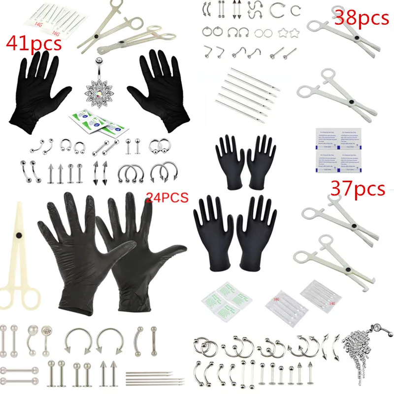 Jewelry Piercing Gloves Needles-Tool-Kit Rings-Clamp Studs Ear-Plug Nose Eyebrow Belly-Button-Body