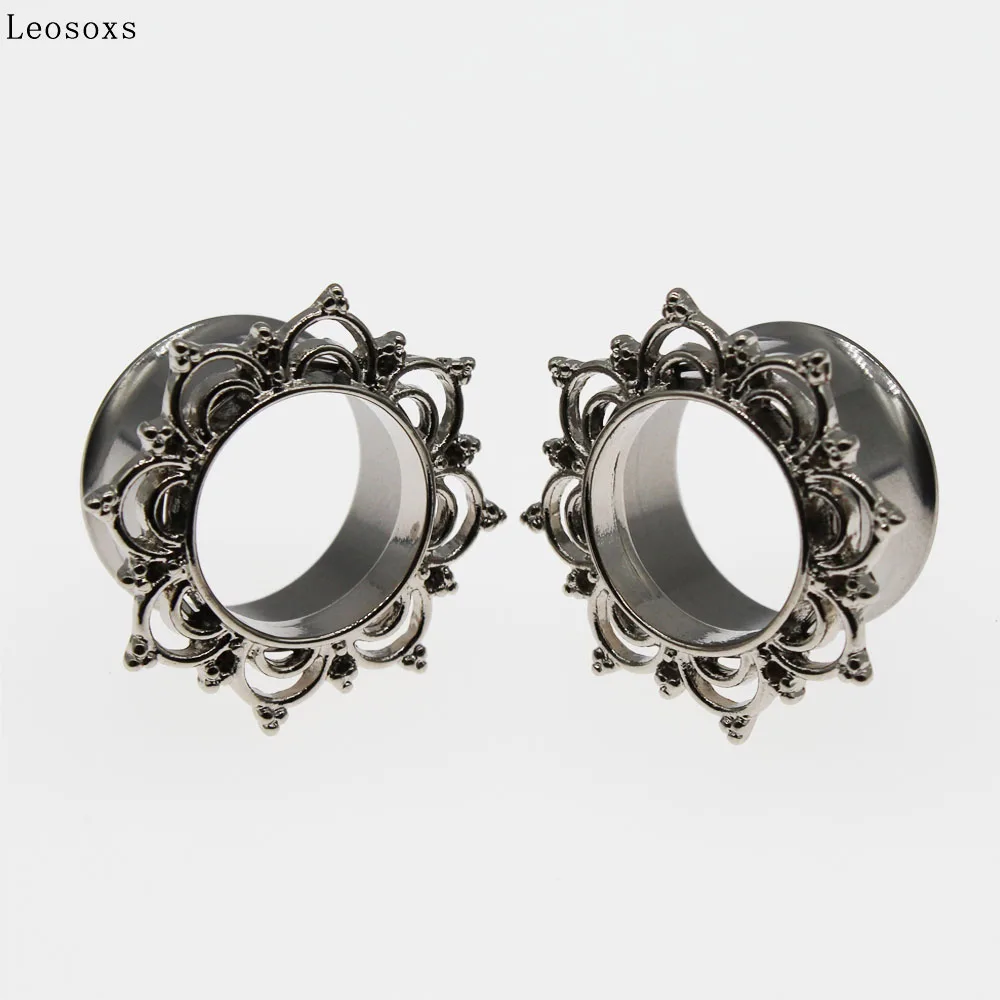 Leosoxs 316l Stainless Steel Flower Ear Tunnels Plugs Hollow Gauges Ear