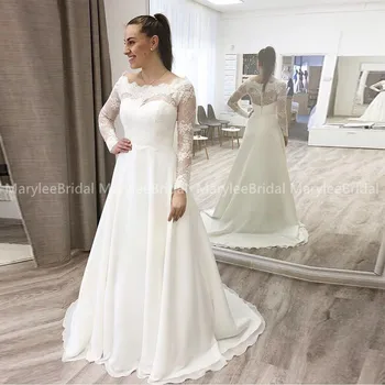 

Elegant Long Sleeves Wedding Dresses Lace Top Chiffon Skirt A-line Bride Gowns Vestidos De Noiva Custom Made Buttons Back