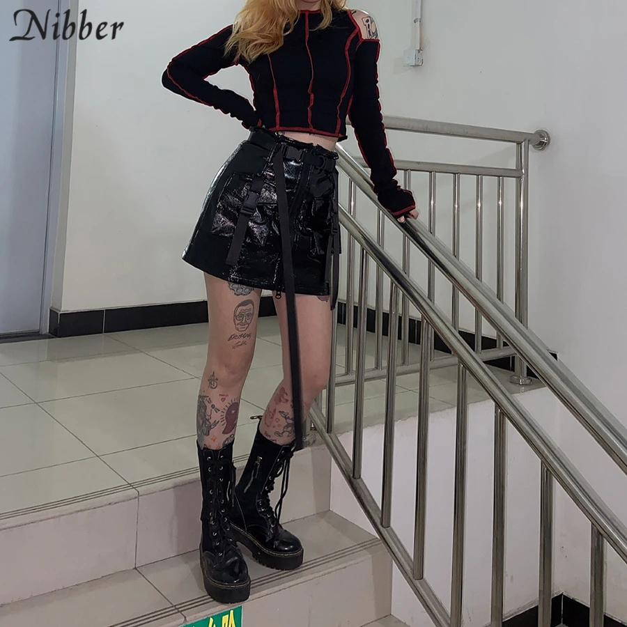 NIBBER2019 зимняя уличная мини-юбка в стиле Харадзюку из искусственной кожи, женская уличная повседневная юбка с карманами и кисточками для вечеринок