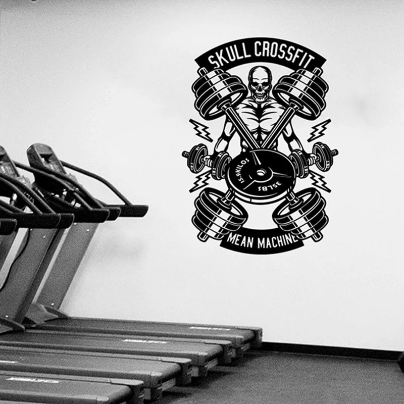 Large Skull Crossfit Fitness Dumbbells Wall Sticker Gym Fitness Motiational Quote Exercise Wall Decal Vinyl Decor (3)