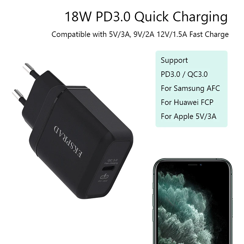 EKSPRAD PD зарядное устройство 18 Вт QC3.0 usb type C быстрое зарядное устройство для iPhone 11 11Pro X Xs 8 Xiaomi samsung Phone USB C PD зарядное устройство US/EU