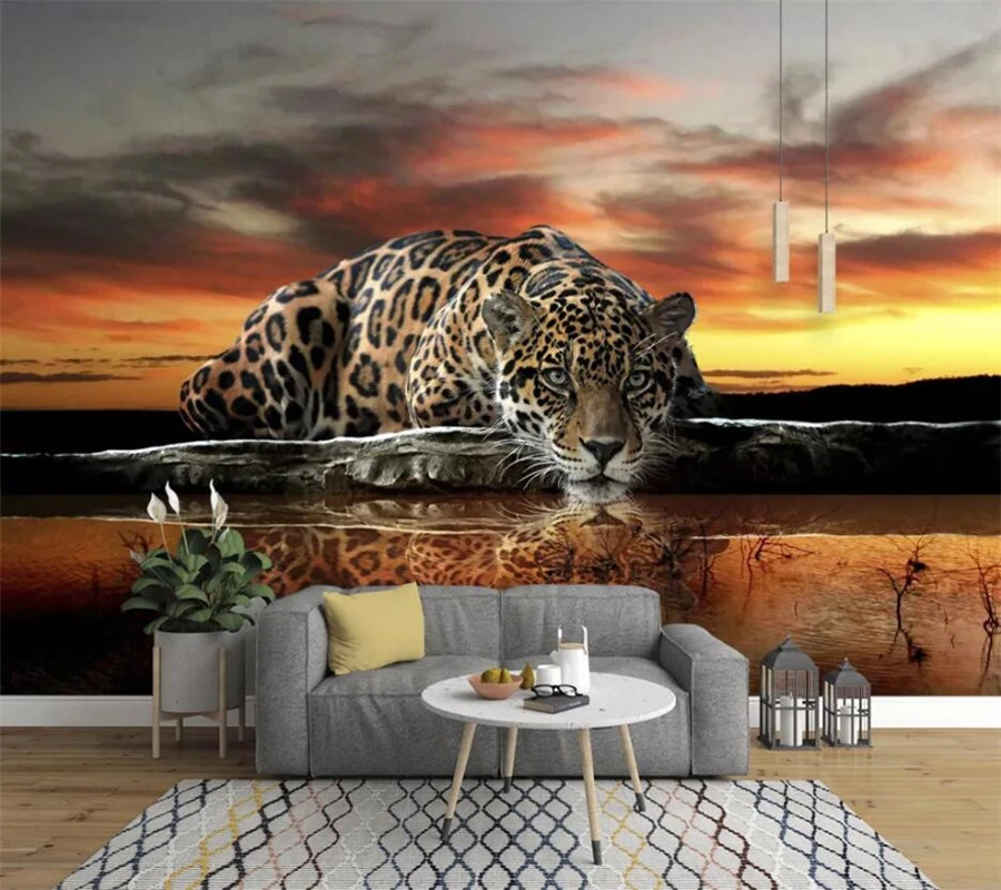 

Custom wallpaper 3d murals Modern personality HD leopard drinking water reflection mural papier peint TV background wall paper