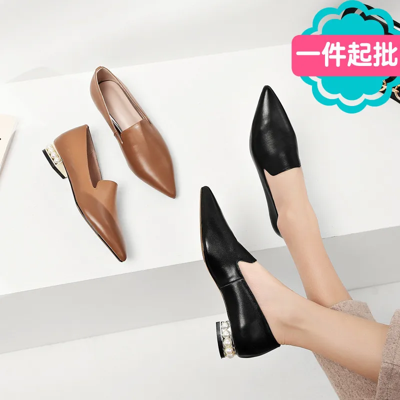 

Online Celebrity Spring New Style Shoes WOMEN'S Shoes Pointed Flat England Low Heel Pearl with Genuine Leather Lazy Slip-on