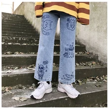 Осенние повседневные новые дизайнерские милые женские джинсы в консервативном стиле длинные джинсовые штаны для девочек-подростков с рисунком