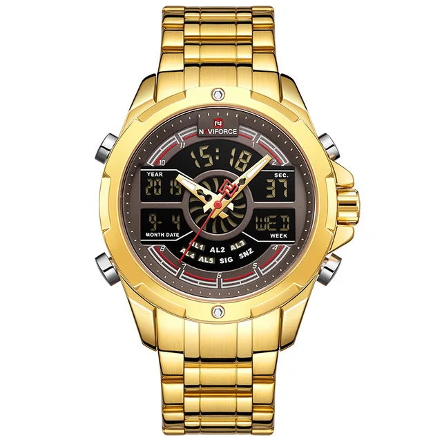 gold NAVIFORCE мужские часы Лидирующий бренд из нержавеющей стали мужские часы аналогово-цифровые кварцевые наручные часы мужские спортивные часы Relogio Masculino - Цвет: gold