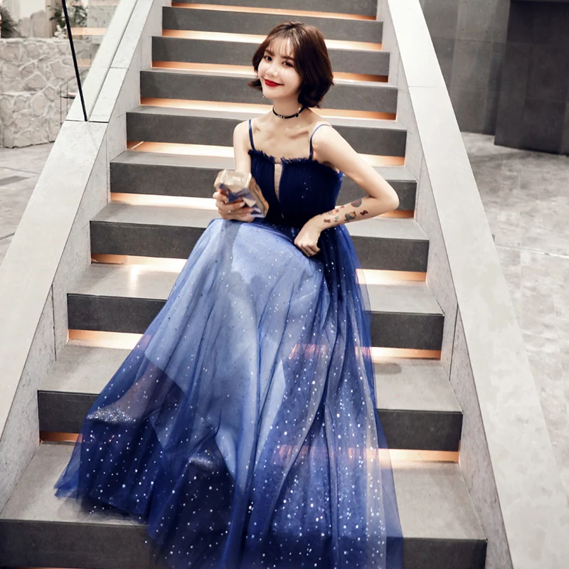 SSYFashion Новое Вечернее Платье простые элегантные серые синие с v-образным вырезом в пол блестящие Длинные Выпускные вечерние платья Robe De Soiree - Цвет: Синий