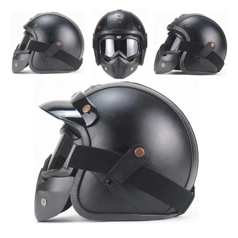 Винтажные Съемные очки и фильтр для рта, Ретро Маска, полуоткрытые мотоциклетные шлемы, 3/4 кожаный шлем