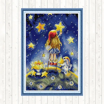 

Girl Picking Stars DIY Handmade Cross Stitch Kits Fabric Needlework Kits 11CT 14CT Counted Printed Canvas Embroidery Threads Kit