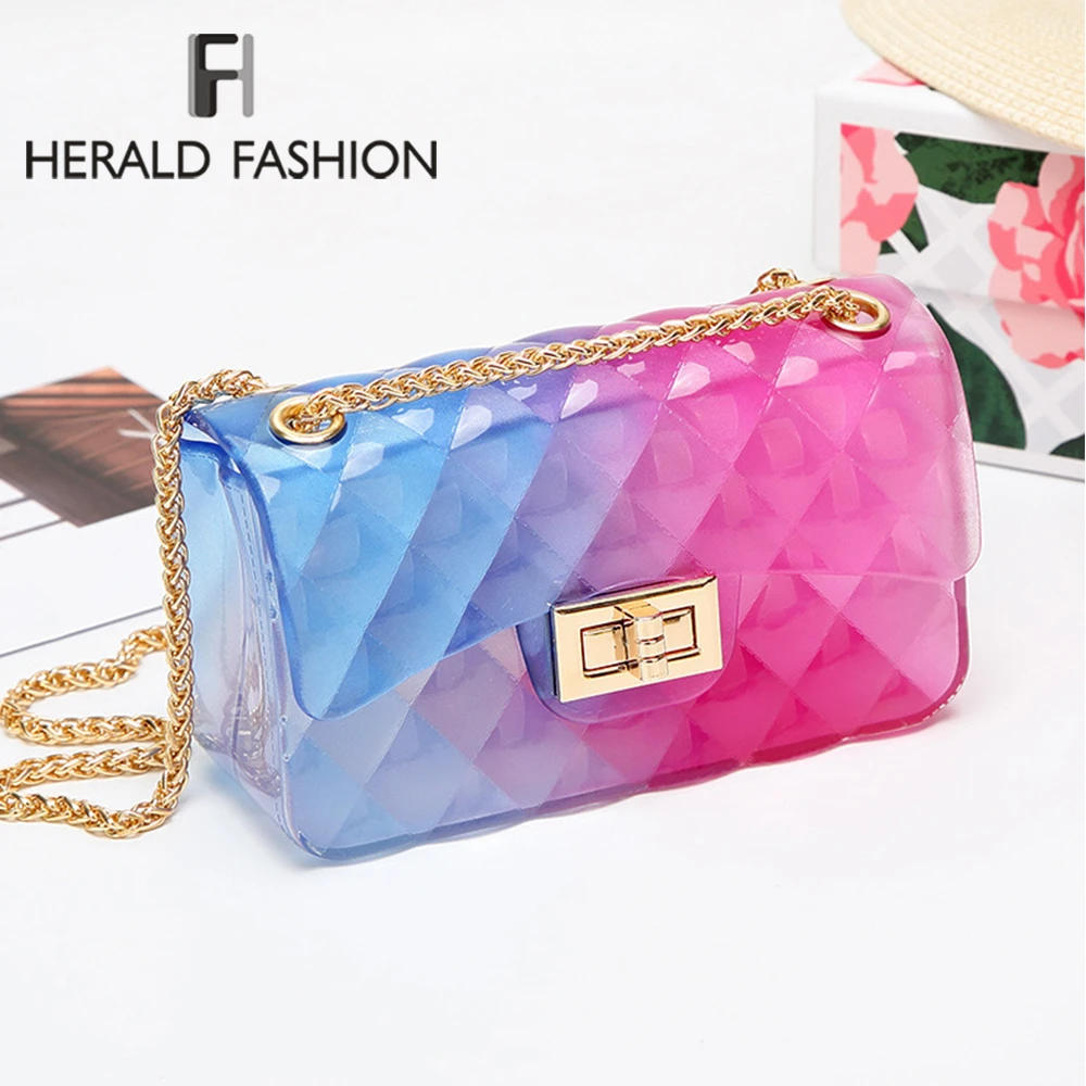

Herald Fashion Women Transparent Pvc Messenger Bags Chain Bag Handbag Candy Color Gradient Bag For Girls Mini Shoulder Bag 2019