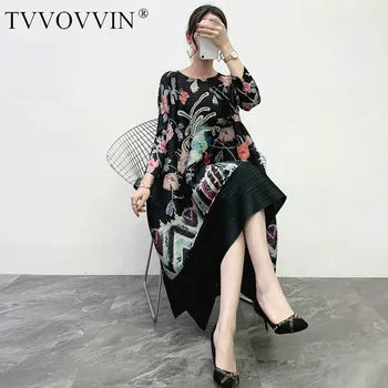 

TVVOVVIN 2020 New Spring O-neck Print Mid-length Dress Women Vintage Loose Big Size Office Lady Pullover Pleated Dress FHFG