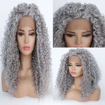 

Silver Grey Kinky Curly Synthetic 13*3 Inch Lace Front Wig Glueless Heat Resistant Fiber Hair Natural Hairline For Women Wigs